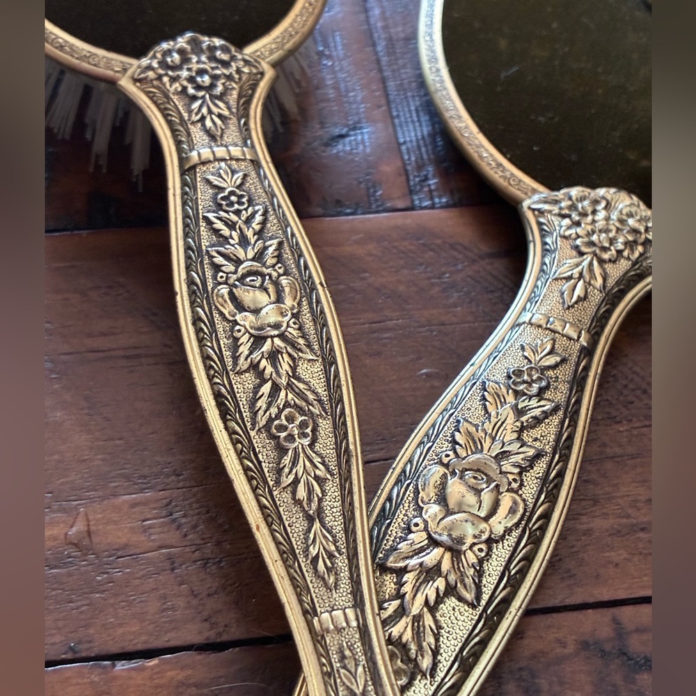 Vtg Ormolu Vanity set Gold mirror brush